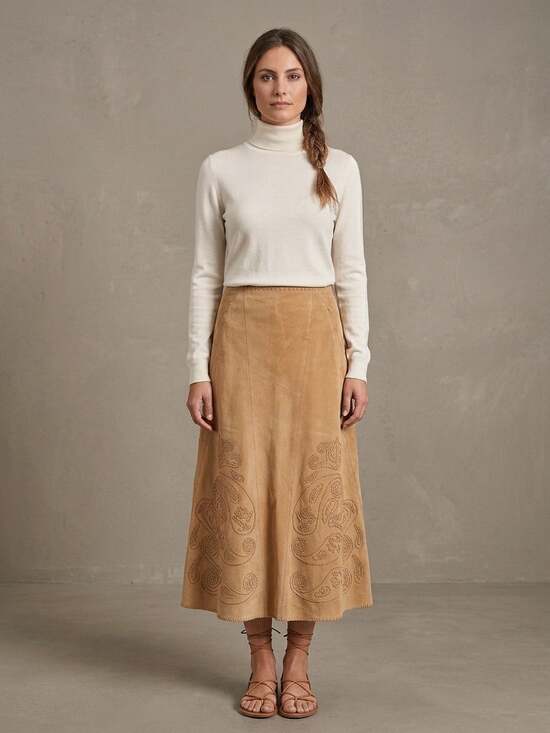Peck & Peck Dresses & Skirts - Peck & Peck Weekend Vintage Boho Embroidered Tan Suede A-Line Skirt Size 10